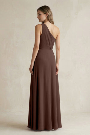 One-Shoulder Chiffon A-Line Bridesmaid Dress With Slit in Espresso - SHE IS ME BRIDESMAID DRESSES