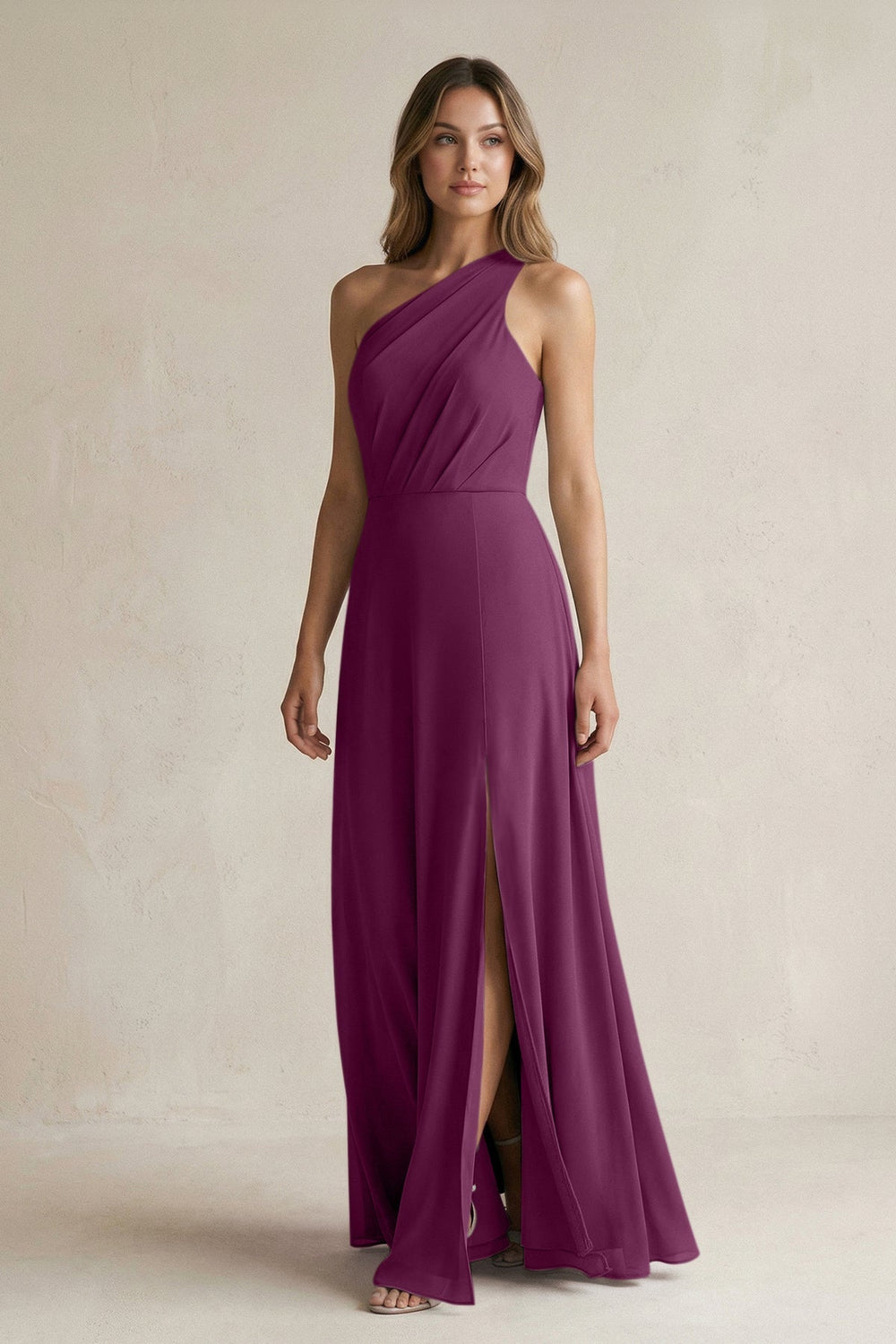 One-Shoulder Chiffon A-Line Bridesmaid Dress With Slit in Fig - KISS BRIDAL BRIDESMAID DRESSES