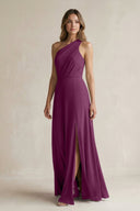 One-Shoulder Chiffon A-Line Bridesmaid Dress With Slit in Fig - SHE IS ME BRIDESMAID DRESSES