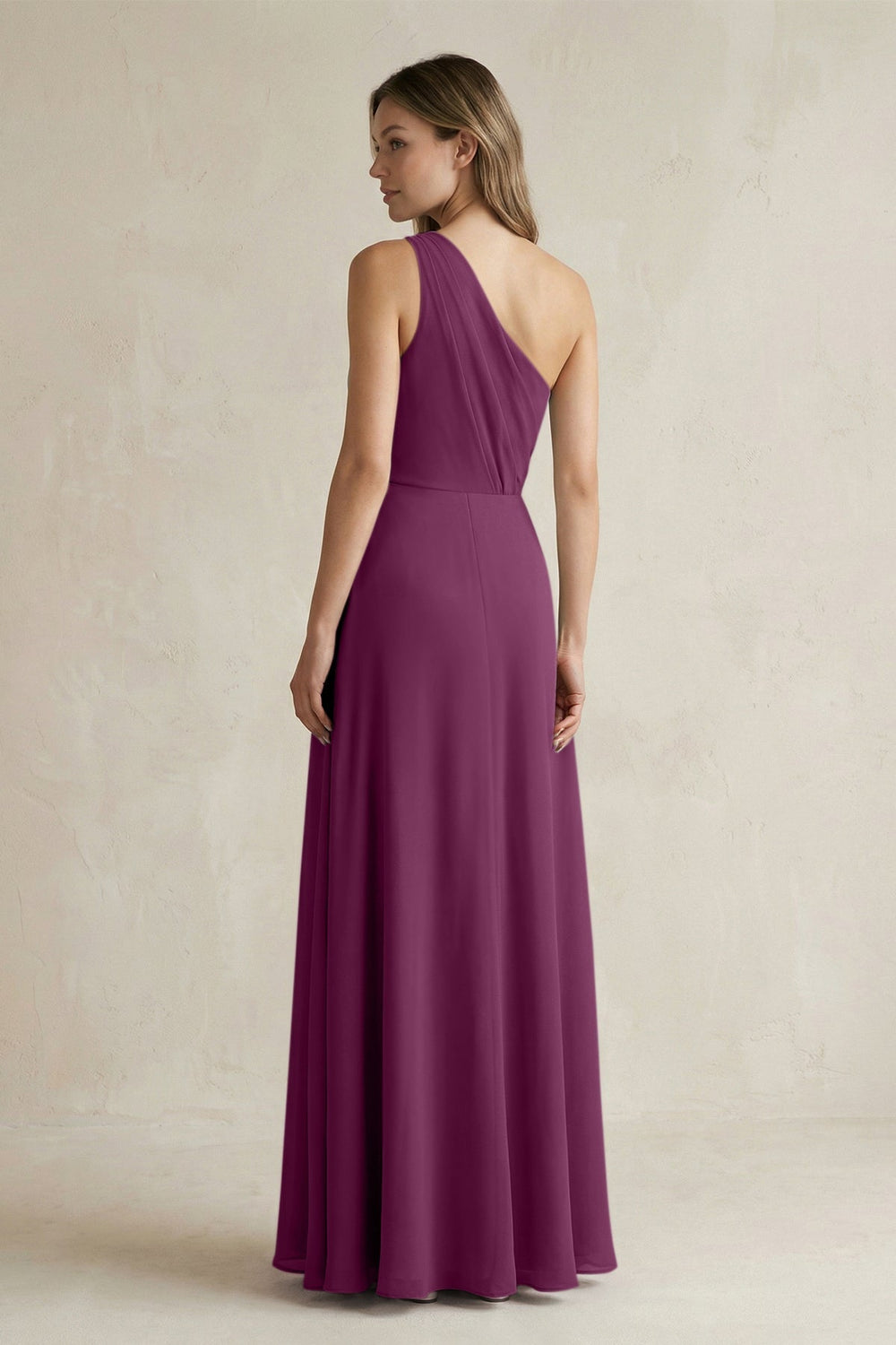One-Shoulder Chiffon A-Line Bridesmaid Dress With Slit in Fig - KISS BRIDAL BRIDESMAID DRESSES