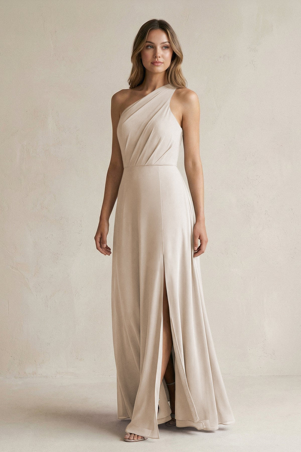 One-Shoulder Chiffon A-Line Bridesmaid Dress With Slit in Frost - KISS BRIDAL BRIDESMAID DRESSES