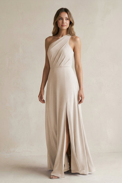 One-Shoulder Chiffon A-Line Bridesmaid Dress With Slit in Frost - SHE IS ME BRIDESMAID DRESSES