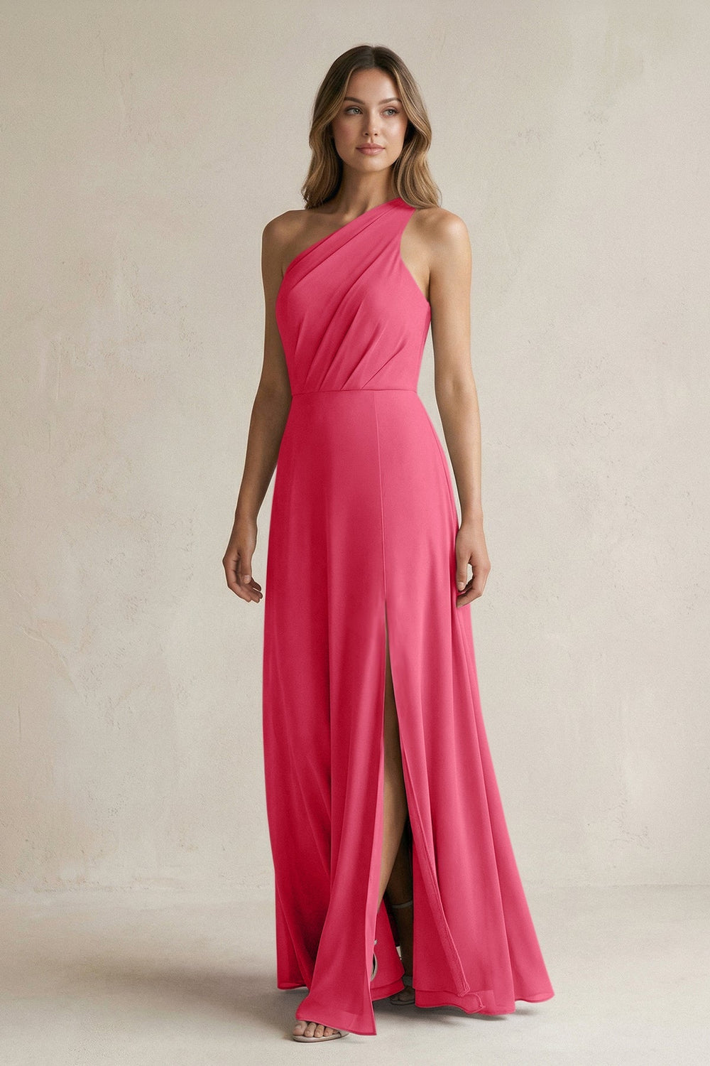 One-Shoulder Chiffon A-Line Bridesmaid Dress With Slit in Fuchsia - KISS BRIDAL BRIDESMAID DRESSES