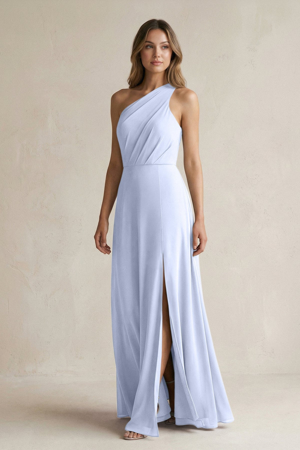 One-Shoulder Chiffon A-Line Bridesmaid Dress With Slit in Ice - KISS BRIDAL BRIDESMAID DRESSES