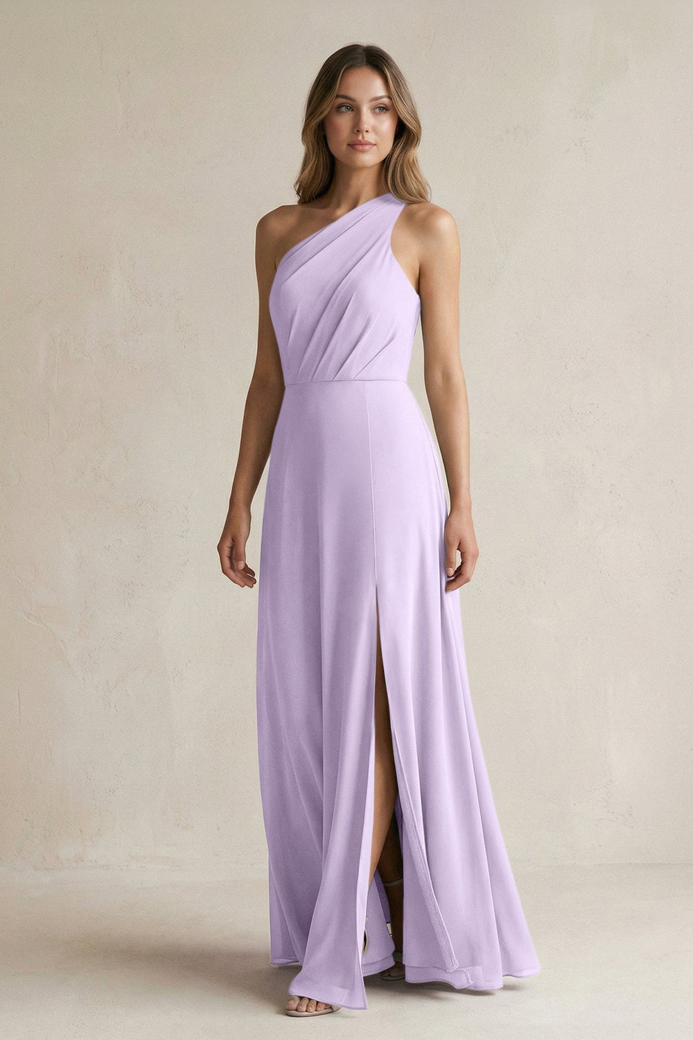 One-Shoulder Chiffon A-Line Bridesmaid Dress With Slit in Lavender - KISS BRIDAL BRIDESMAID DRESSES