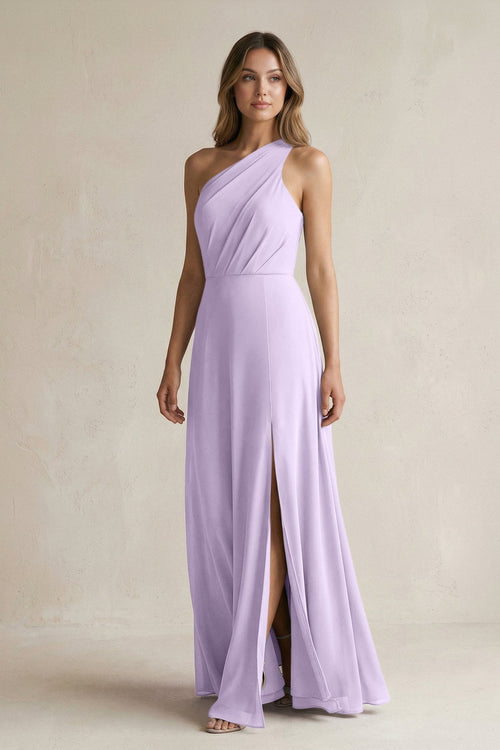 One-Shoulder Chiffon A-Line Bridesmaid Dress With Slit in Lavender - SHE IS ME BRIDESMAID DRESSES