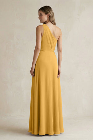 One-Shoulder Chiffon A-Line Bridesmaid Dress With Slit in Marigold - SHE IS ME BRIDESMAID DRESSES