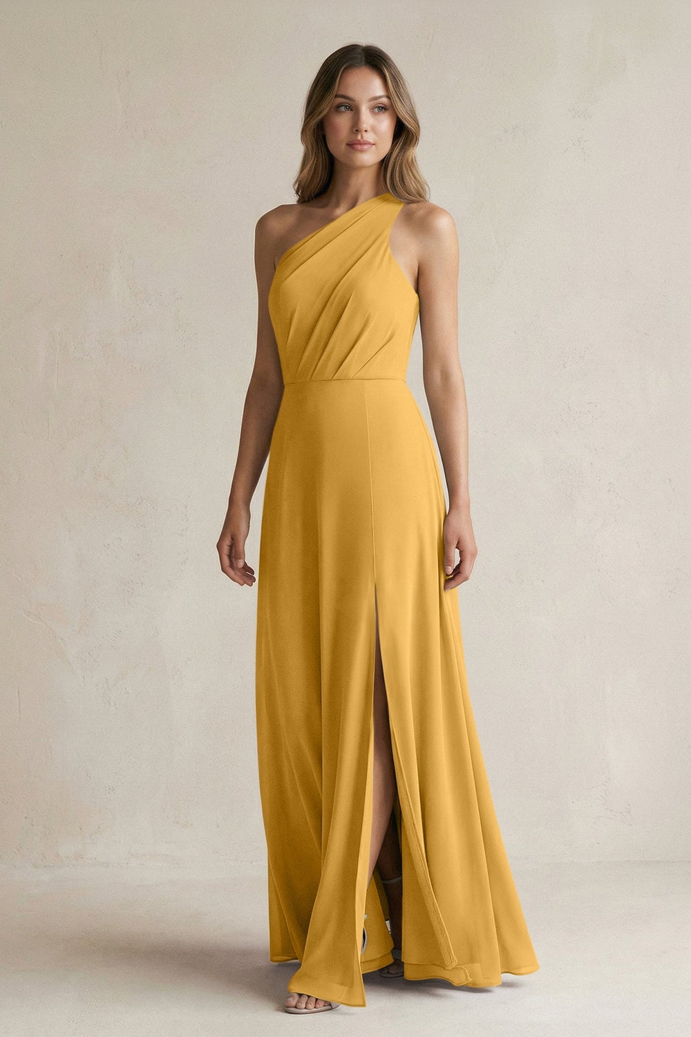 One-Shoulder Chiffon A-Line Bridesmaid Dress With Slit in Marigold - KISS BRIDAL BRIDESMAID DRESSES