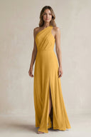 One-Shoulder Chiffon A-Line Bridesmaid Dress With Slit in Marigold - SHE IS ME BRIDESMAID DRESSES