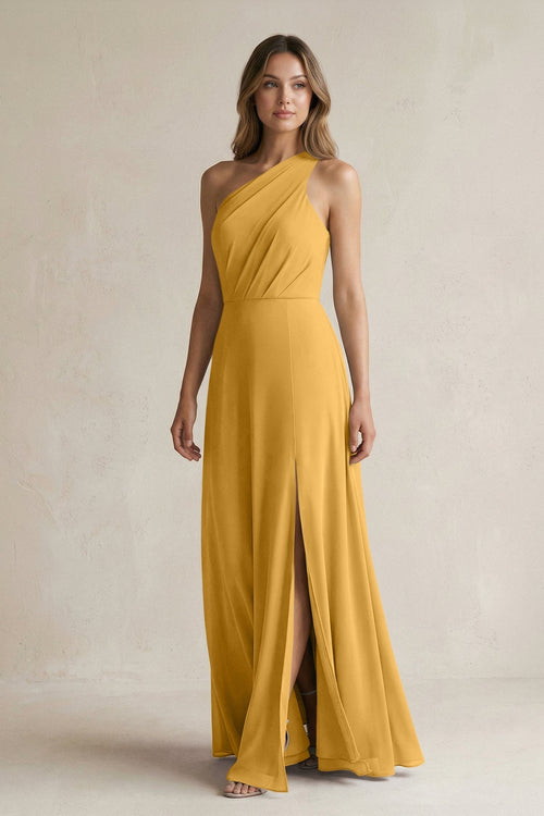 One-Shoulder Chiffon A-Line Bridesmaid Dress With Slit in Marigold - SHE IS ME BRIDESMAID DRESSES