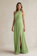 One-Shoulder Chiffon A-Line Bridesmaid Dress With Slit in Matcha - SHE IS ME BRIDESMAID DRESSES