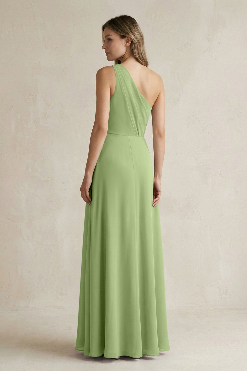 One-Shoulder Chiffon A-Line Bridesmaid Dress With Slit in Matcha - KISS BRIDAL BRIDESMAID DRESSES