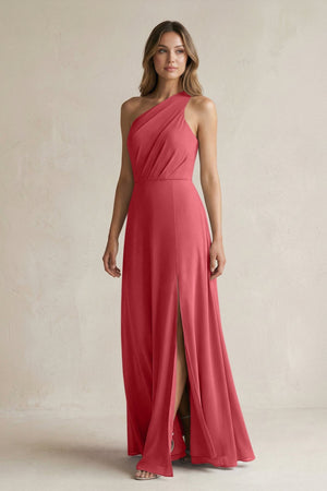 One-Shoulder Chiffon A-Line Bridesmaid Dress With Slit in Merlot - SHE IS ME BRIDESMAID DRESSES