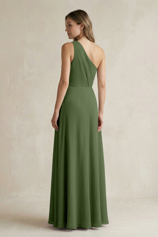 One-Shoulder Chiffon A-Line Bridesmaid Dress With Slit in Moss (2) | KISSBRIDAL