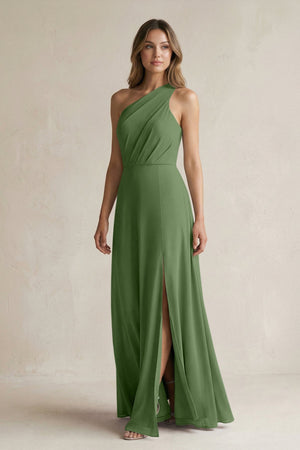 One-Shoulder Chiffon A-Line Bridesmaid Dress With Slit in Moss - SHE IS ME BRIDESMAID DRESSES