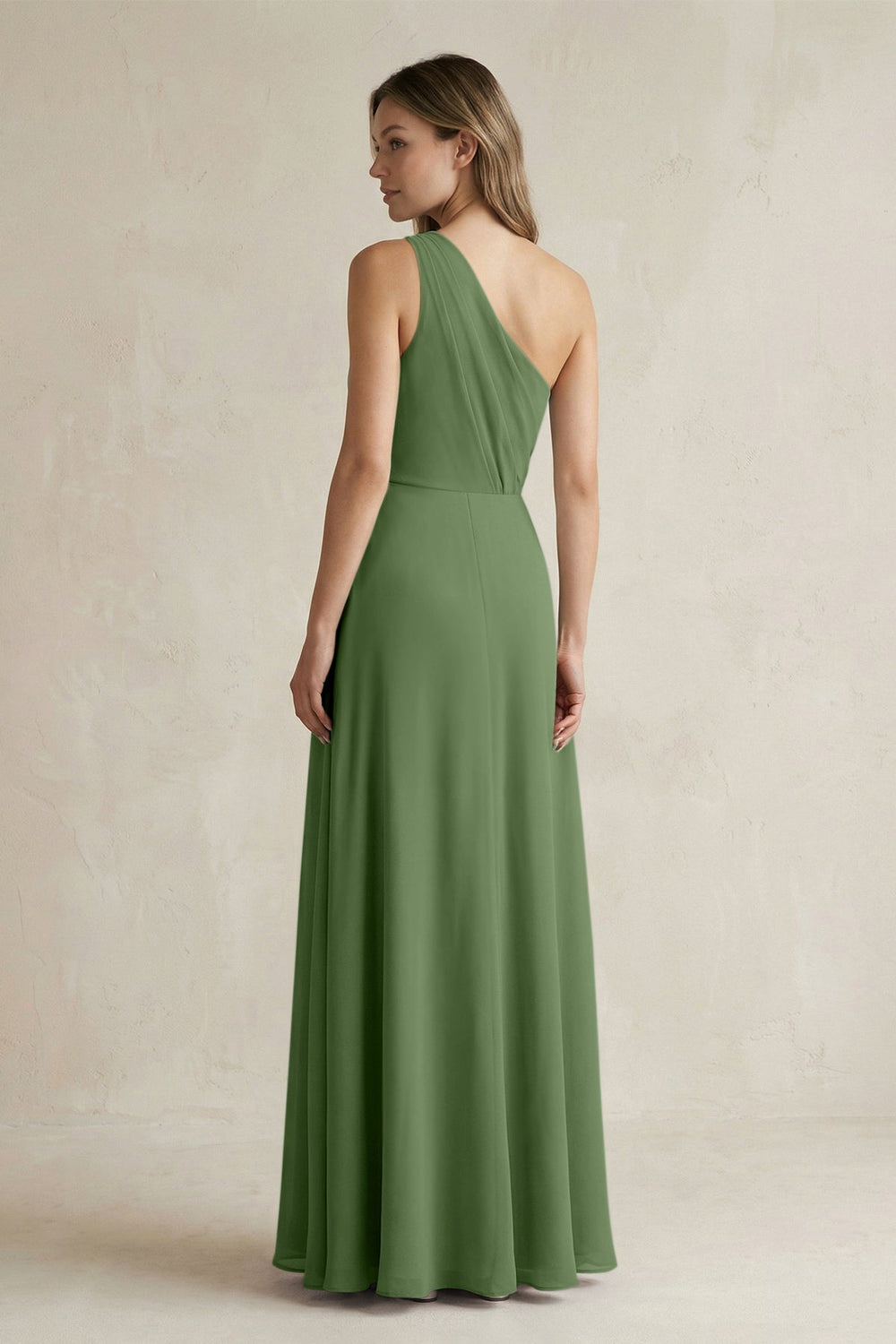 One-Shoulder Chiffon A-Line Bridesmaid Dress With Slit in Moss - KISS BRIDAL BRIDESMAID DRESSES
