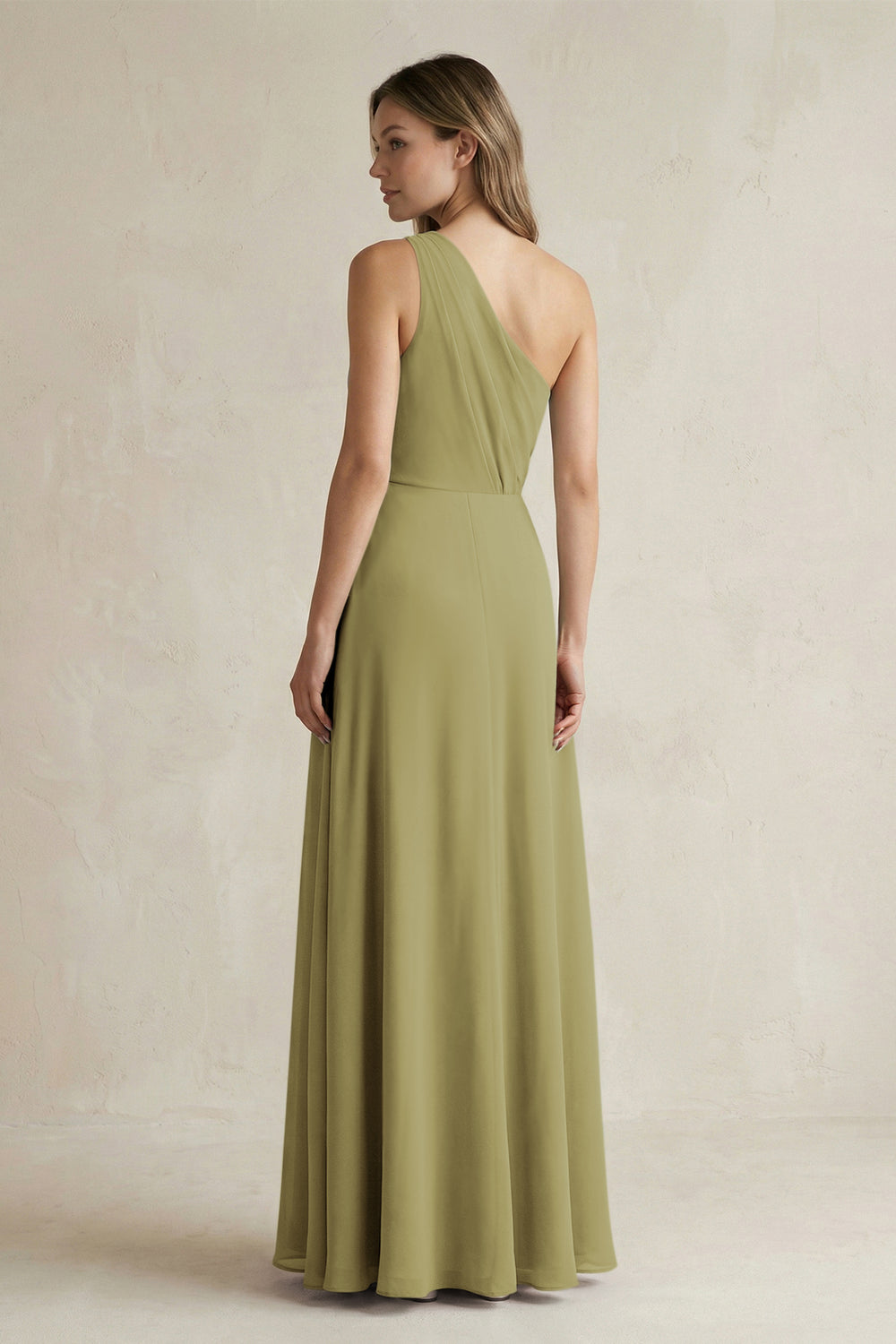 One-Shoulder Chiffon A-Line Bridesmaid Dress With Slit in Moss Green