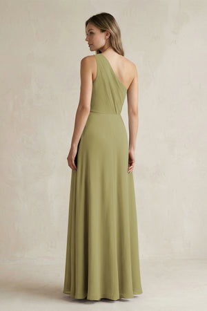 One-Shoulder Chiffon A-Line Bridesmaid Dress With Slit in Moss Green (2) | KISSBRIDAL
