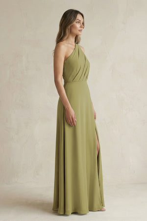 One-Shoulder Chiffon A-Line Bridesmaid Dress With Slit in Moss Green (3) | KISSBRIDAL