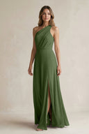 One-Shoulder Chiffon A-Line Bridesmaid Dress With Slit in Moss | KISSBRIDAL