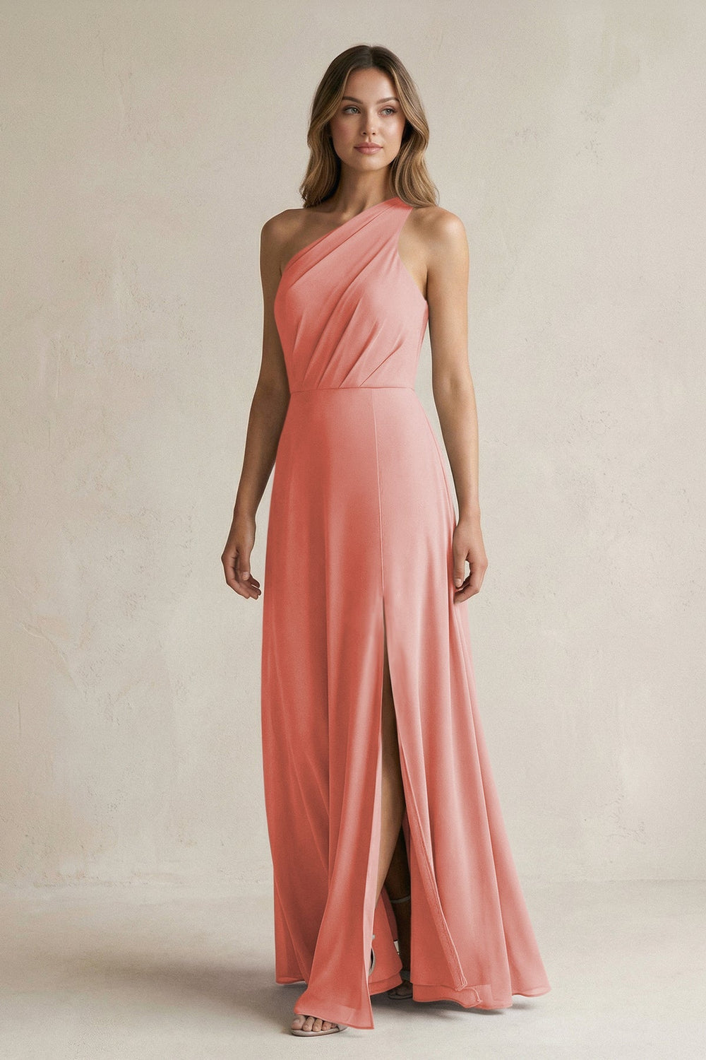 One-Shoulder Chiffon A-Line Bridesmaid Dress With Slit in Mulberry - KISS BRIDAL BRIDESMAID DRESSES