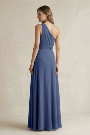 One-Shoulder Chiffon A-Line Bridesmaid Dress With Slit in Navy - SHE IS ME BRIDESMAID DRESSES