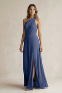 One-Shoulder Chiffon A-Line Bridesmaid Dress With Slit in Navy - SHE IS ME BRIDESMAID DRESSES
