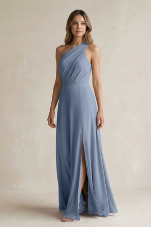 One-Shoulder Chiffon A-Line Bridesmaid Dress With Slit in Neptune - SHE IS ME BRIDESMAID DRESSES