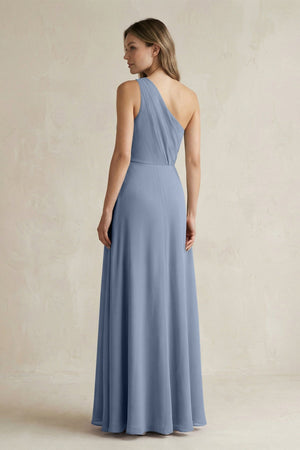 One-Shoulder Chiffon A-Line Bridesmaid Dress With Slit in Neptune - SHE IS ME BRIDESMAID DRESSES