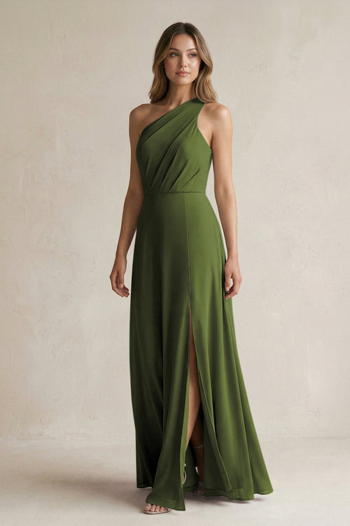 One-Shoulder Chiffon A-Line Bridesmaid Dress With Slit in Olive - SHE IS ME BRIDESMAID DRESSES