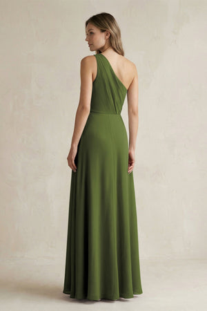 One-Shoulder Chiffon A-Line Bridesmaid Dress With Slit in Olive - SHE IS ME BRIDESMAID DRESSES