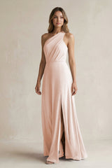 One-Shoulder Chiffon A-Line Bridesmaid Dress With Slit in Pale Blush - KISS BRIDAL BRIDESMAID DRESSES