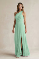 One-Shoulder Chiffon A-Line Bridesmaid Dress With Slit in Pale Pistachio - SHE IS ME BRIDESMAID DRESSES