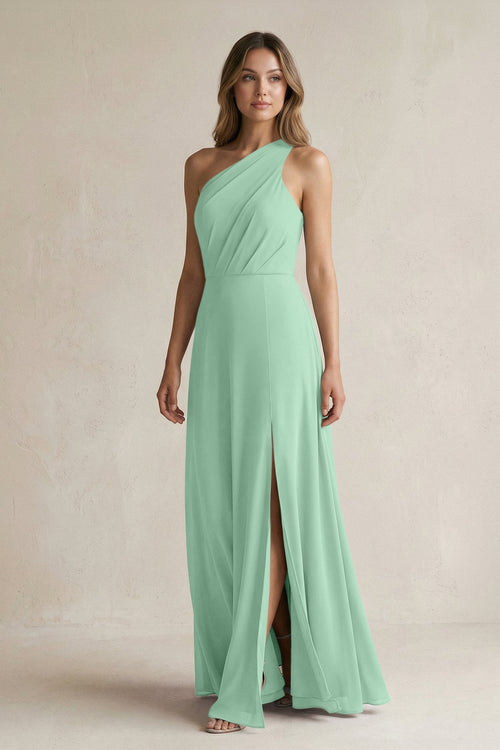 One-Shoulder Chiffon A-Line Bridesmaid Dress With Slit in Pale Pistachio - SHE IS ME BRIDESMAID DRESSES