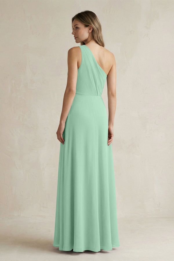 One-Shoulder Chiffon A-Line Bridesmaid Dress With Slit in Pale Pistachio - SHE IS ME BRIDESMAID DRESSES
