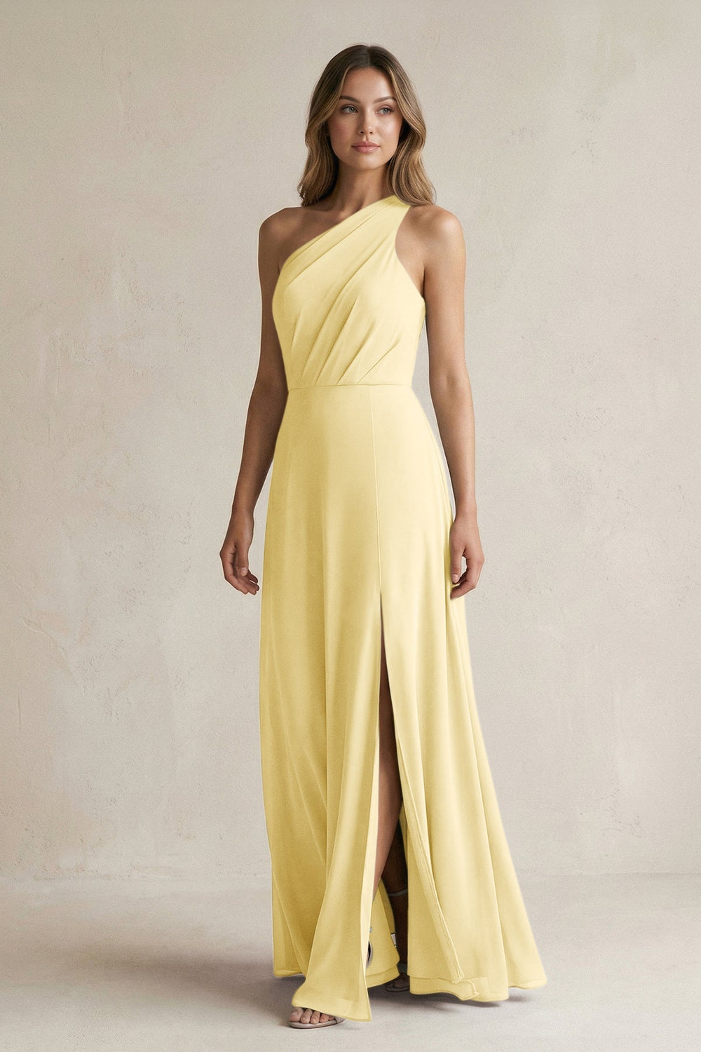One-Shoulder Chiffon A-Line Bridesmaid Dress With Slit in Pastel Yellow - KISS BRIDAL BRIDESMAID DRESSES