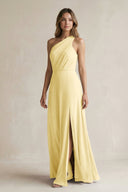 One-Shoulder Chiffon A-Line Bridesmaid Dress With Slit in Pastel Yellow - SHE IS ME BRIDESMAID DRESSES