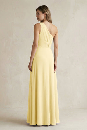 One-Shoulder Chiffon A-Line Bridesmaid Dress With Slit in Pastel Yellow - SHE IS ME BRIDESMAID DRESSES