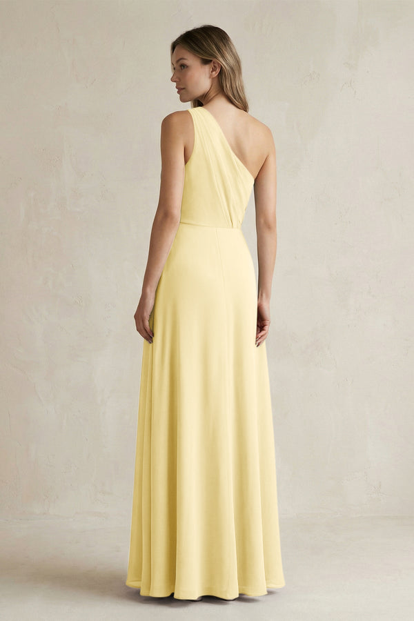 One-Shoulder Chiffon A-Line Bridesmaid Dress With Slit in Pastel Yellow - SHE IS ME BRIDESMAID DRESSES