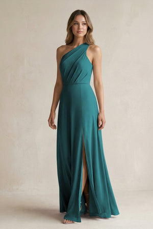One-Shoulder Chiffon A-Line Bridesmaid Dress With Slit in Pine - SHE IS ME BRIDESMAID DRESSES