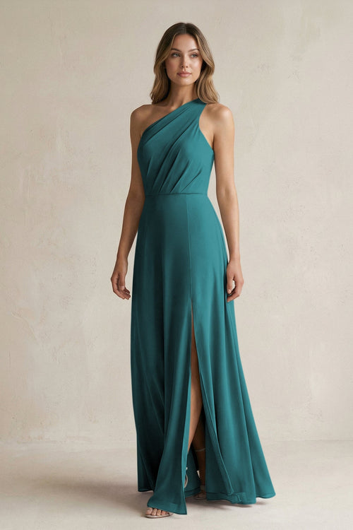 One-Shoulder Chiffon A-Line Bridesmaid Dress With Slit in Pine - SHE IS ME BRIDESMAID DRESSES