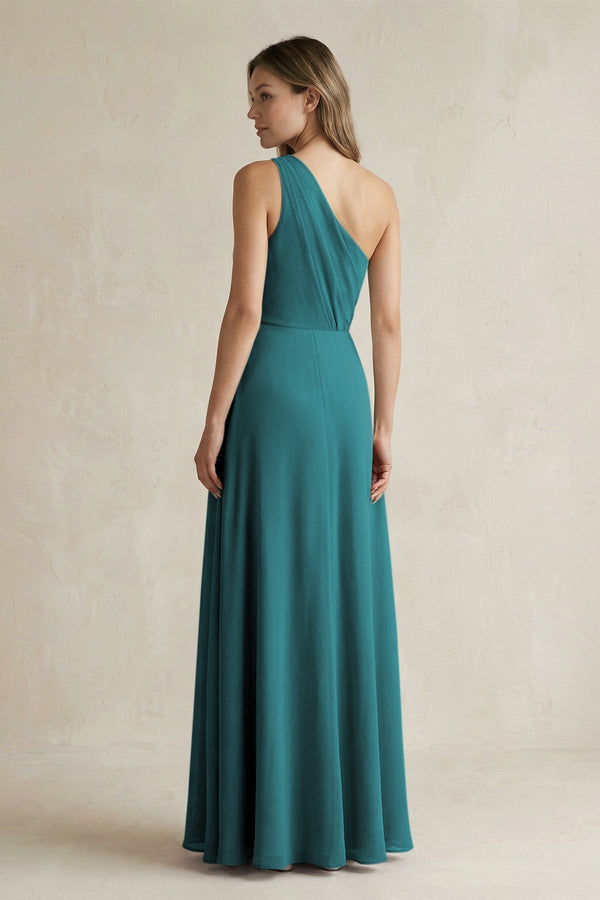One-Shoulder Chiffon A-Line Bridesmaid Dress With Slit in Pine - SHE IS ME BRIDESMAID DRESSES