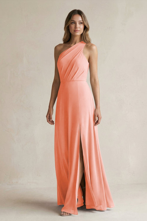 One-Shoulder Chiffon A-Line Bridesmaid Dress With Slit in Rosette - SHE IS ME BRIDESMAID DRESSES