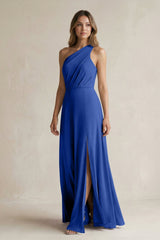 One-Shoulder Chiffon A-Line Bridesmaid Dress With Slit in Royal Blue - KISS BRIDAL BRIDESMAID DRESSES