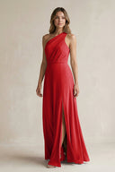 One-Shoulder Chiffon A-Line Bridesmaid Dress With Slit in Ruby Red - SHE IS ME BRIDESMAID DRESSES