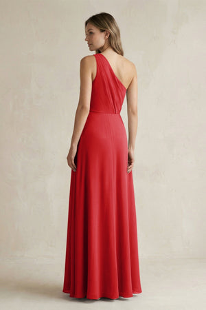 One-Shoulder Chiffon A-Line Bridesmaid Dress With Slit in Ruby Red - SHE IS ME BRIDESMAID DRESSES