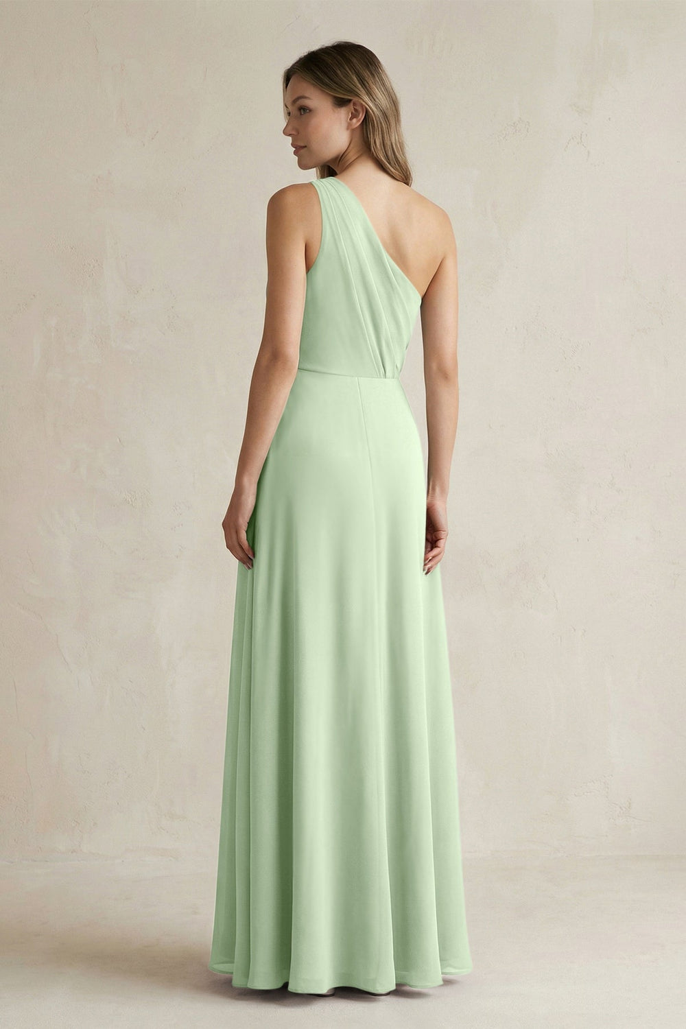 One-Shoulder Chiffon A-Line Bridesmaid Dress With Slit in Sage - KISS BRIDAL BRIDESMAID DRESSES