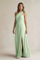 One-Shoulder Chiffon A-Line Bridesmaid Dress With Slit in Sage - SHE IS ME BRIDESMAID DRESSES