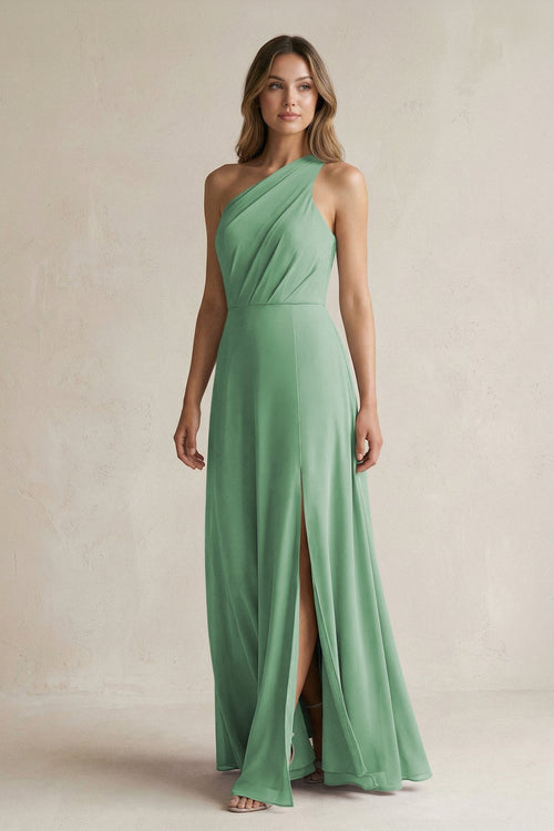 One-Shoulder Chiffon A-Line Bridesmaid Dress With Slit in Sea Glass - SHE IS ME BRIDESMAID DRESSES
