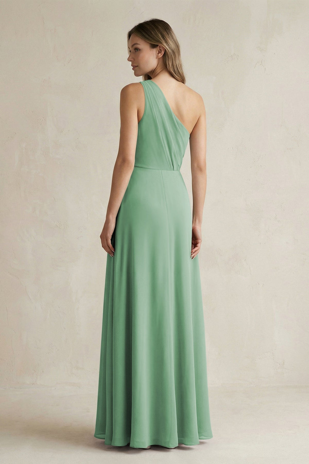 One-Shoulder Chiffon A-Line Bridesmaid Dress With Slit in Sea Glass - KISS BRIDAL BRIDESMAID DRESSES